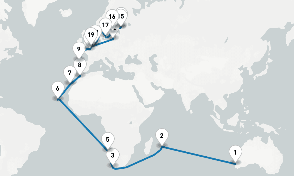 47 days, one-way from Fremantle to Dover 48日間