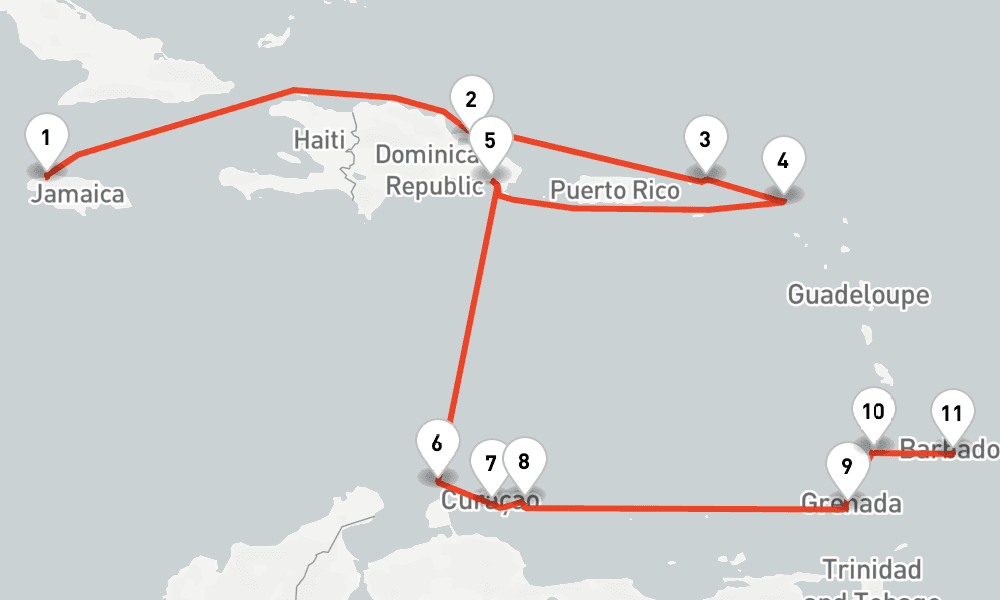 14 days, one-way from Montego Bay to Bridgetown 15日間