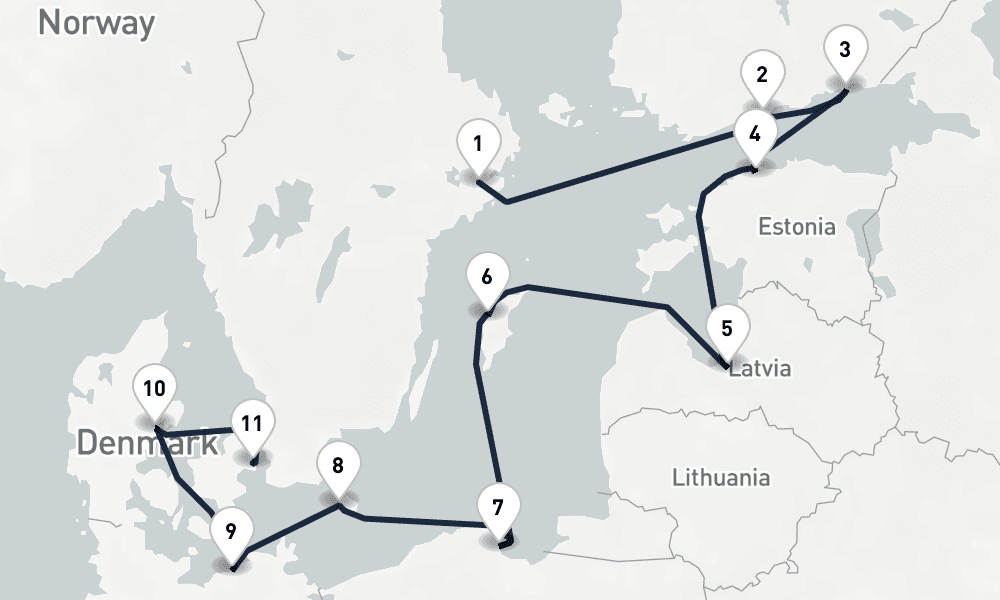 10 days, one-way from Stockholm to Copenhagen 11日間