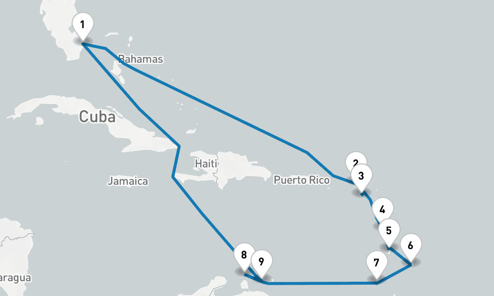 14 days, round-trip Circle Caribbean 15日間
