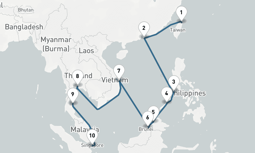 14 days, one-way from Keelung to Singapore 15日間