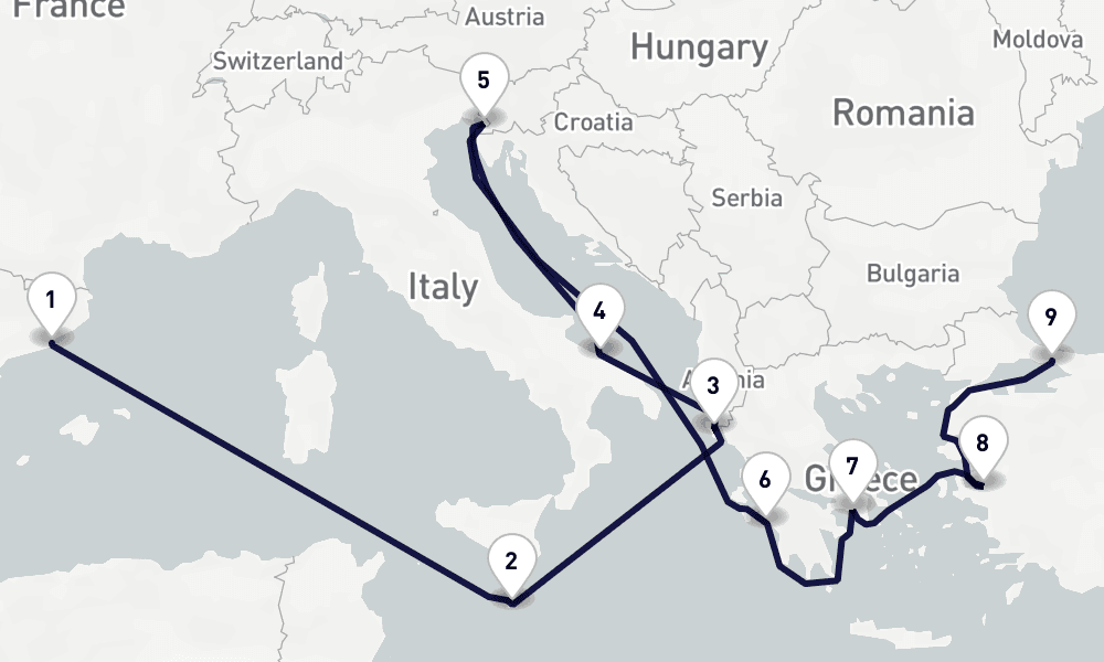11 days, one-way from Barcelona to Istanbul 12日間