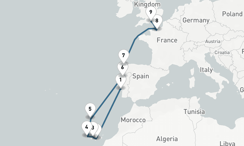 11 days, one-way from Lisbon to Southampton 12日間