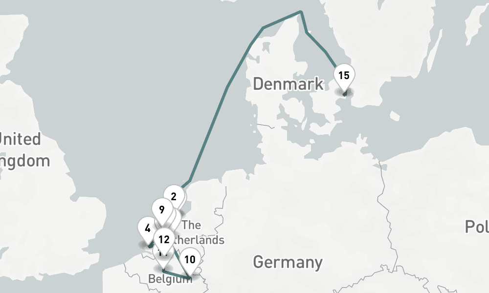 13 days, one-way from Amsterdam to Copenhagen 14日間