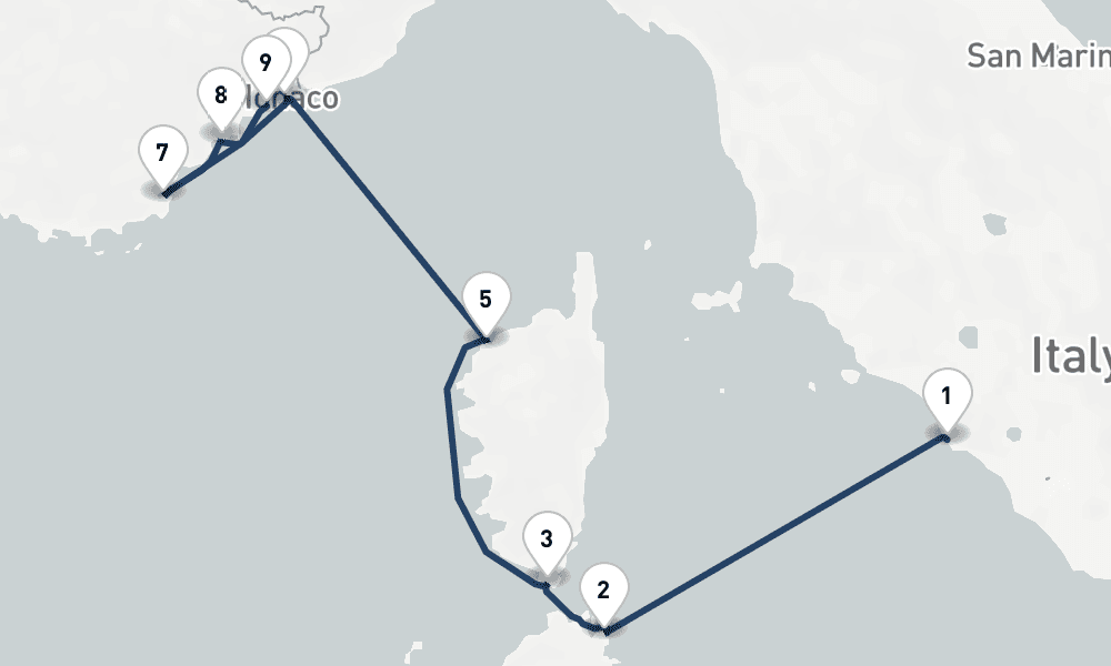 7 days, one-way from Civitavecchia-Rome to Villefranche-sur-Mer 8日間