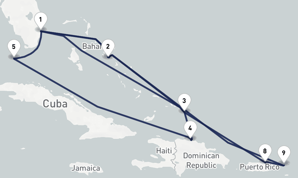 14 days, round-trip Eastern Caribbean Bahamas San Juan 15日間