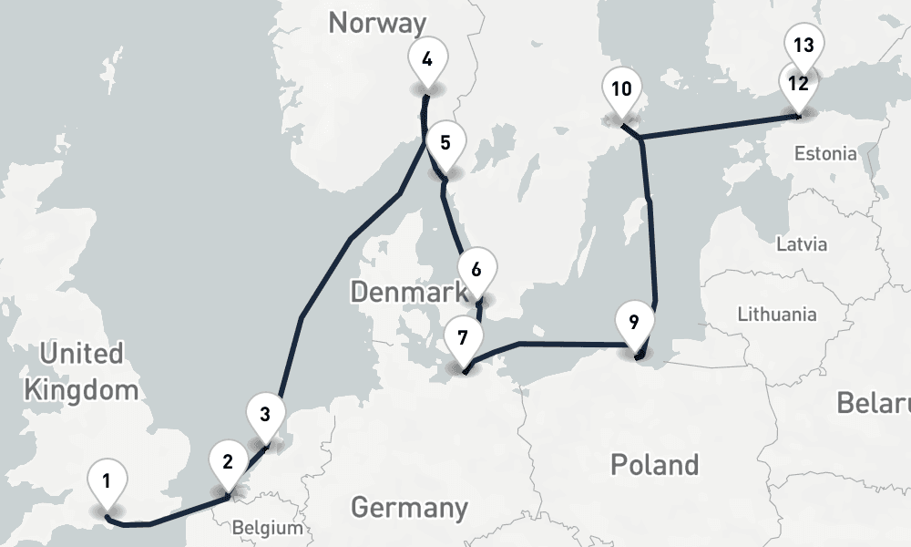 14 days, one-way from Southampton to Helsinki 15日間