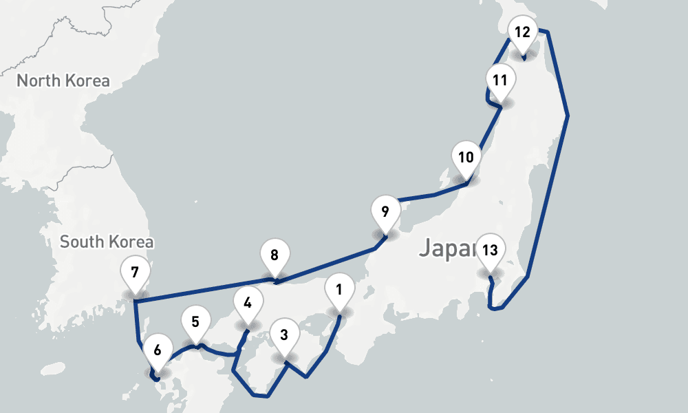 14 days, one-way from Kobe-Osaka to Tokyo 15日間