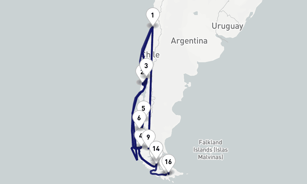 18 days, one-way from Valparaiso-Santiago to Ushuaia 19日間