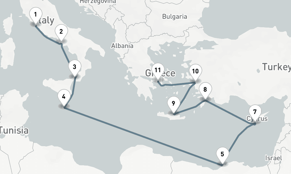 14 days, one-way from Civitavecchia-Rome to Piraeus-Athens 15日間