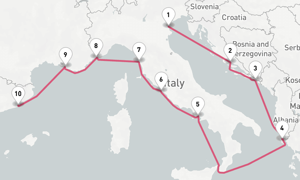 11 days, one-way from Chioggia to Barcelona 12日間