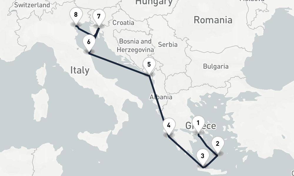 7 days, one-way from Piraeus-Athens to Venice 8日間