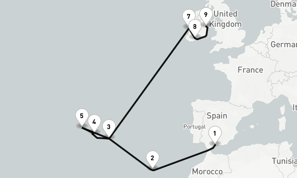 16 days, one-way from Malaga to Dublin 17日間