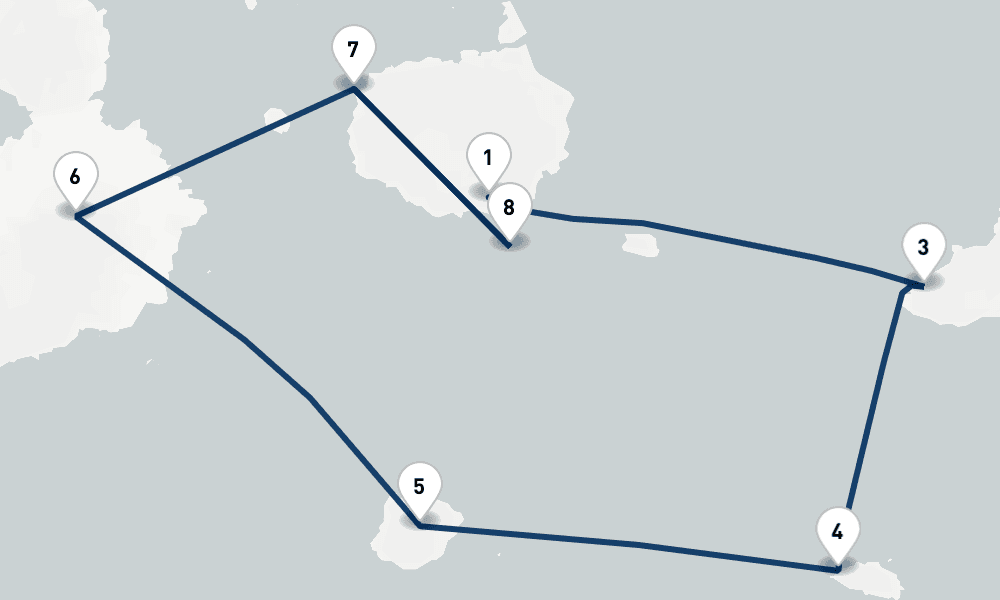 8 nights / 9 days, one-way from Santa Cruz Island (Galapagos) to Baltra Island (Galapagos)