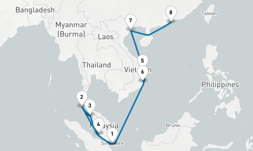 13 days, one-way from Singapore to Hong Kong 14日間