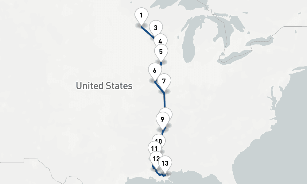 14 days, one-way from Minneapolis-Saint Paul to New Orleans 15日間