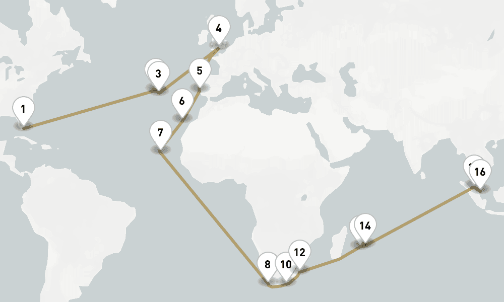 50 days, one-way from Miami to Singapore 51日間