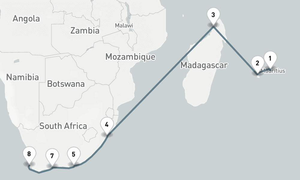 14 days, one-way from Port Louis to Cape Town 15日間