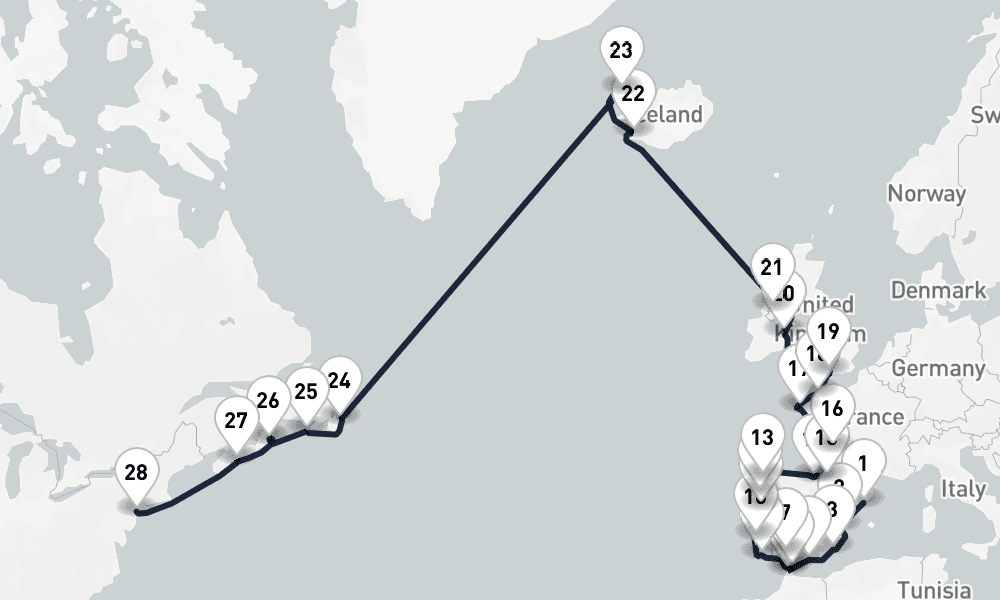 34 days, one-way from Barcelona to New York 35日間