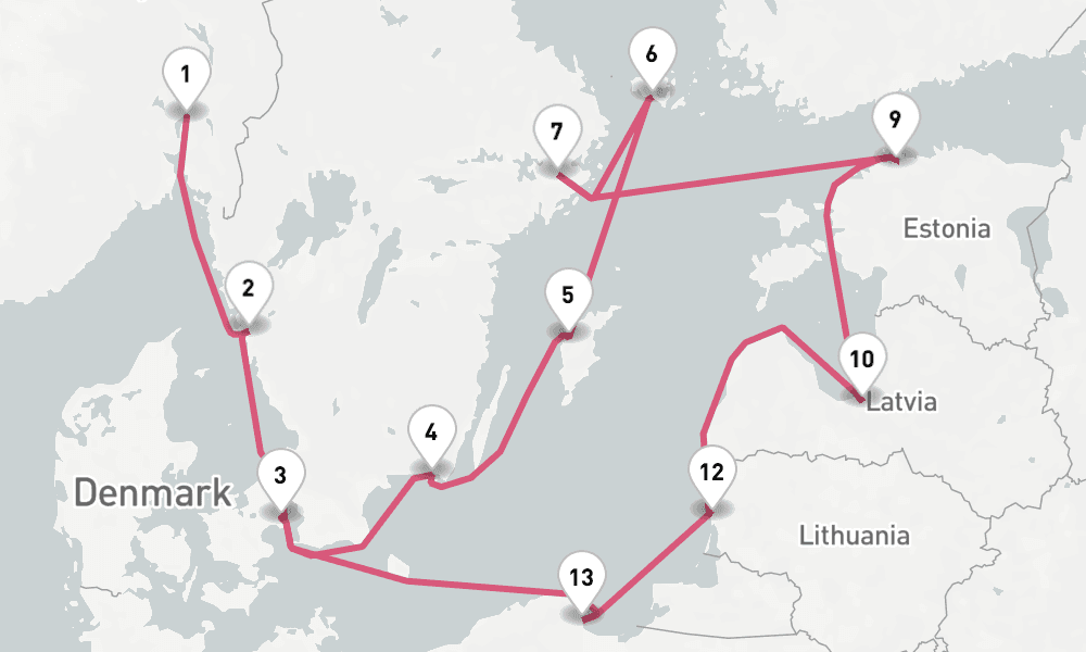 14 nights / 15 days, one-way from Oslo to Copenhagen