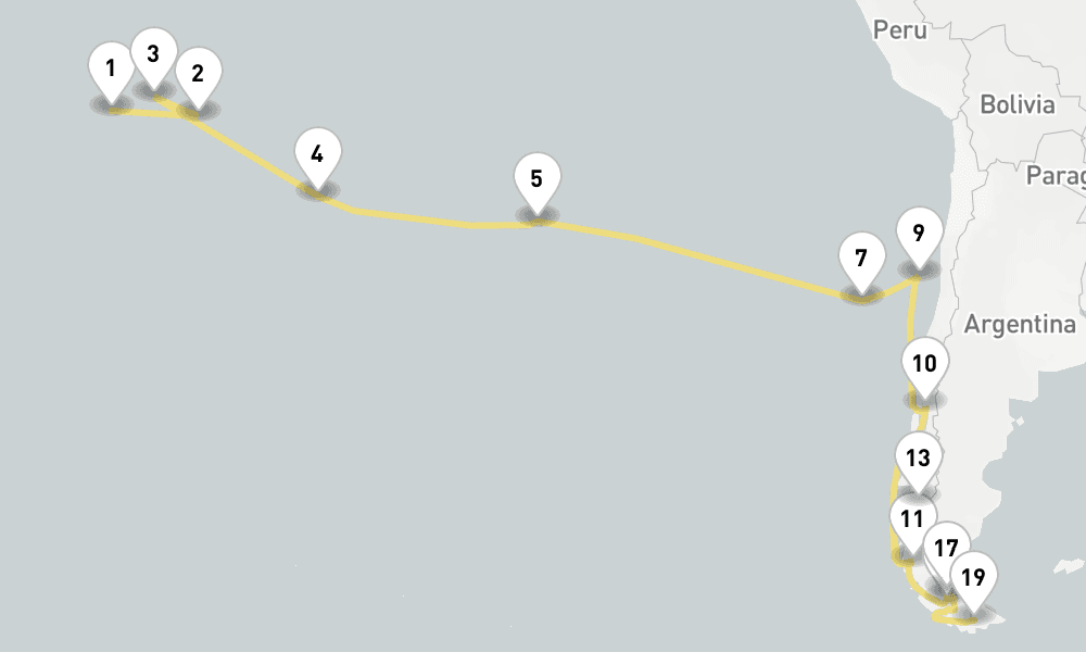 37 days, one-way from Papeete to Ushuaia 38日間