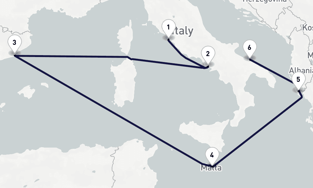 8 days, one-way from Civitavecchia-Rome to Bari 9日間