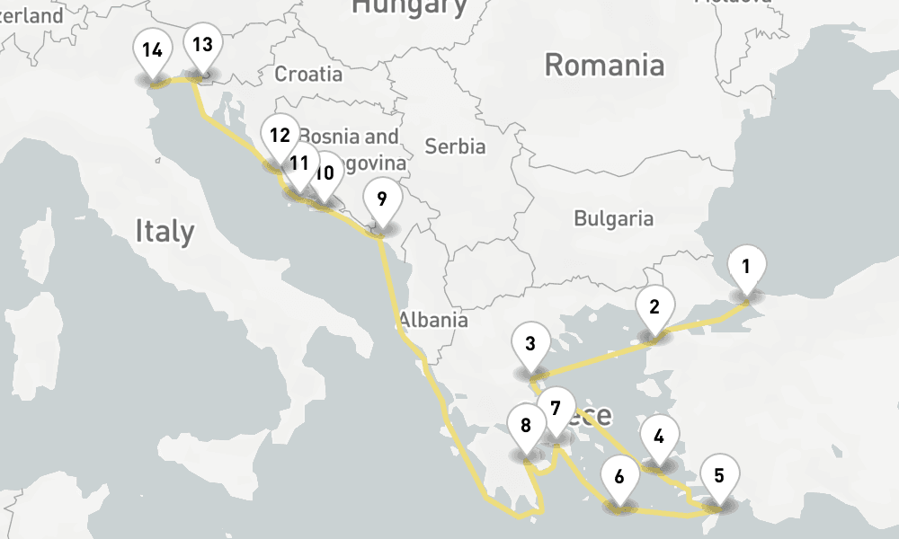 15 days, one-way from Istanbul to Venice 16日間