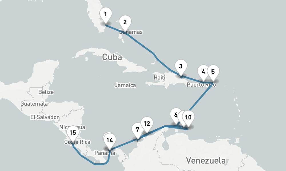 19 days, one-way from Fort Lauderdale to Puntarenas 20日間