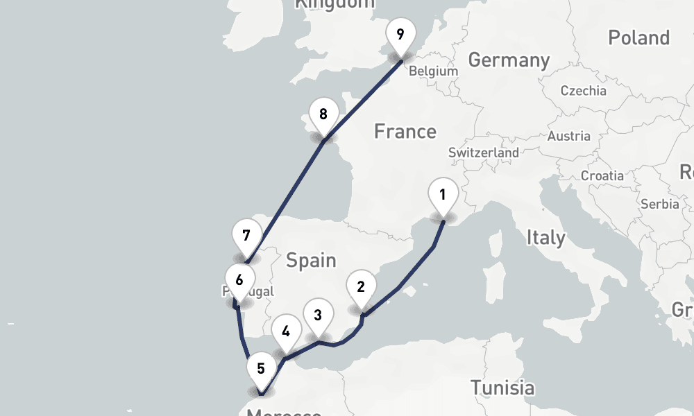 12 days, one-way from Marseille to Dunkirk 13日間