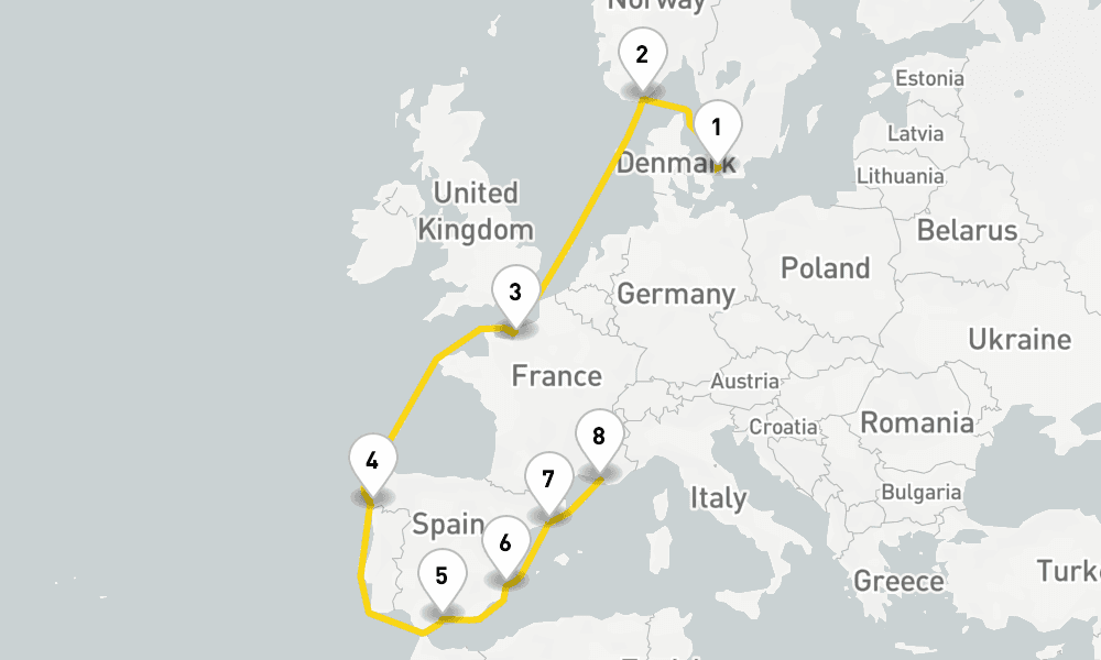10 days, one-way from Copenhagen to Marseille 11日間
