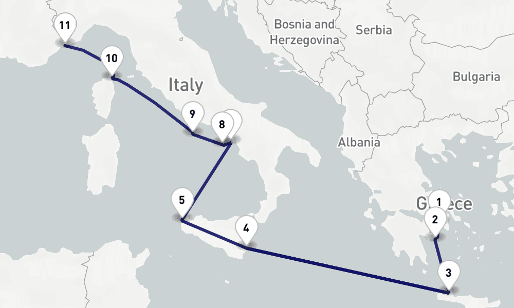 11 nights / 12 days, one-way from Piraeus (Athens, Greece) to Monte Carlo (Monaco, France Riviera)