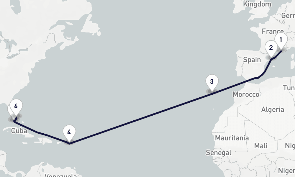 15 days, one-way from Marseille to Miami 16日間