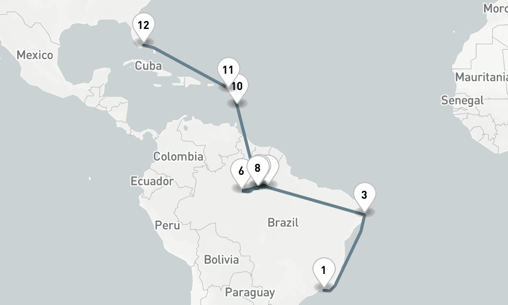 21 days, one-way from Rio de Janeiro to Miami 22日間