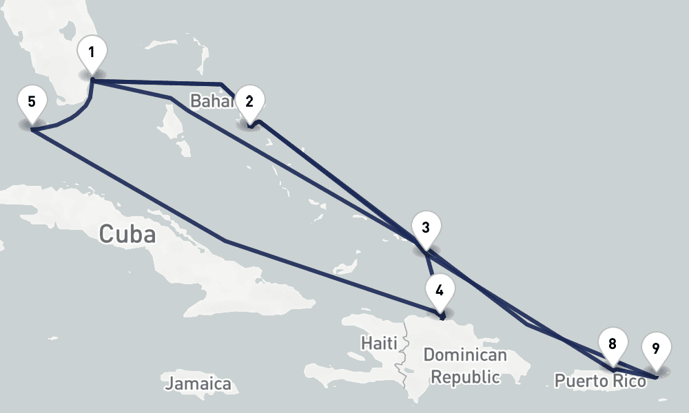 14 days, round-trip Eastern Caribbean Bahamas San Juan 15日間