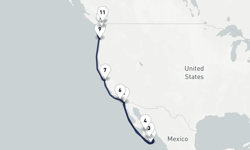 14 days, one-way from San Diego to Vancouver 15日間