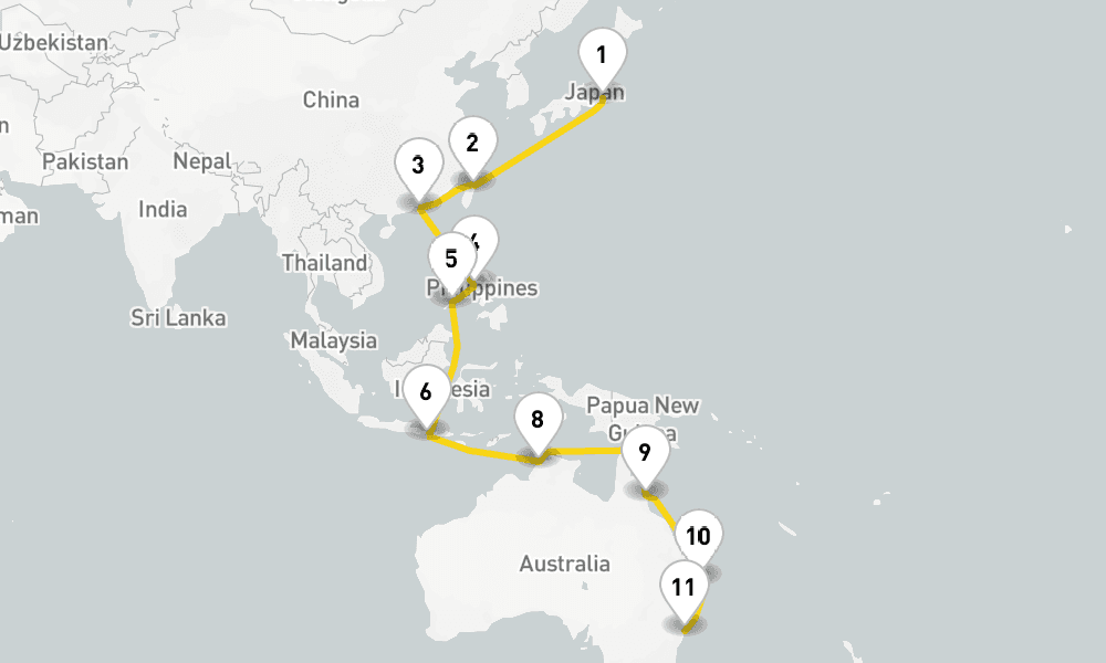 25 days, one-way from Tokyo to Sydney 26日間
