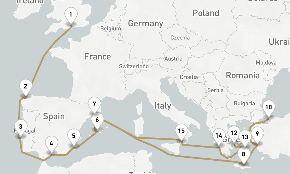 24 days, one-way from Southampton to Barcelona 25日間