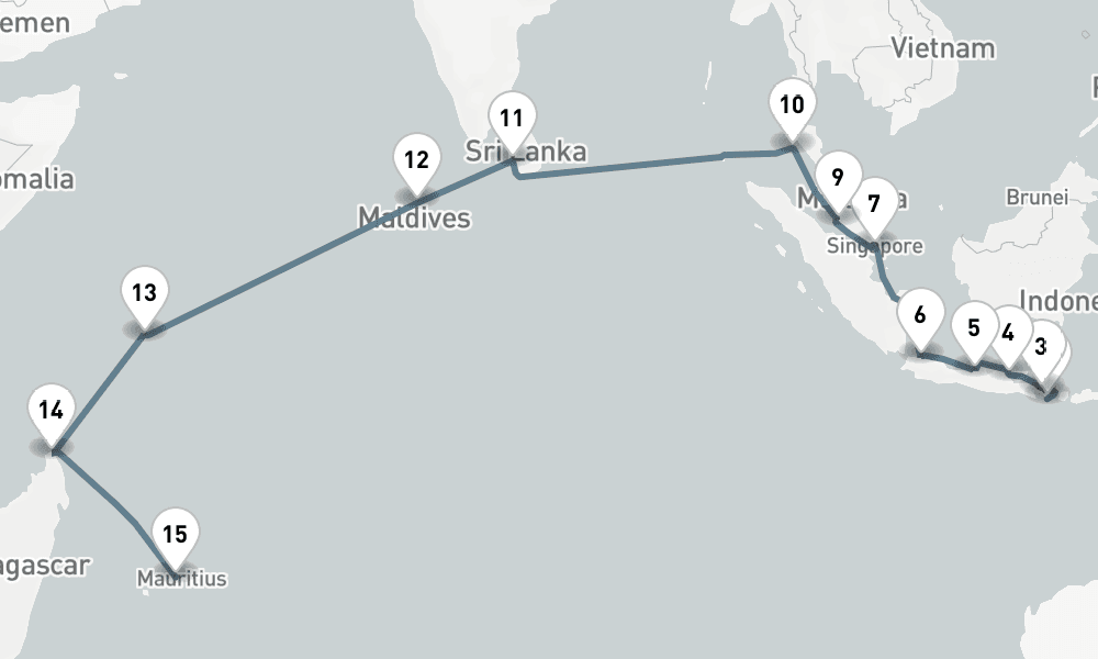 25 days, one-way from Benoa to Port Louis 26日間