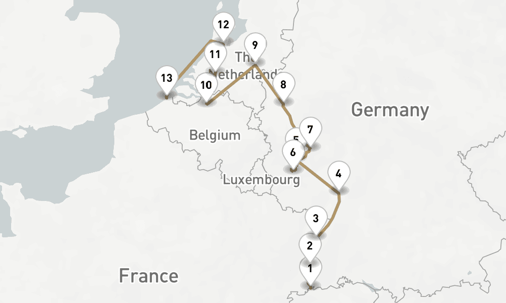 17 days, one-way from Basel to Zeebrugge 18日間