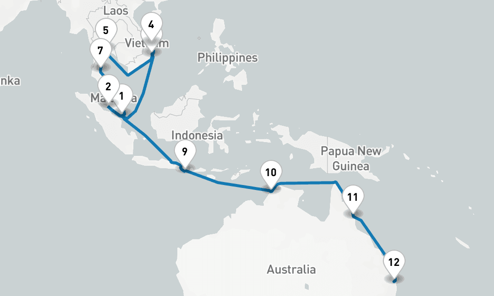 24 days, one-way from Singapore to Brisbane 25日間