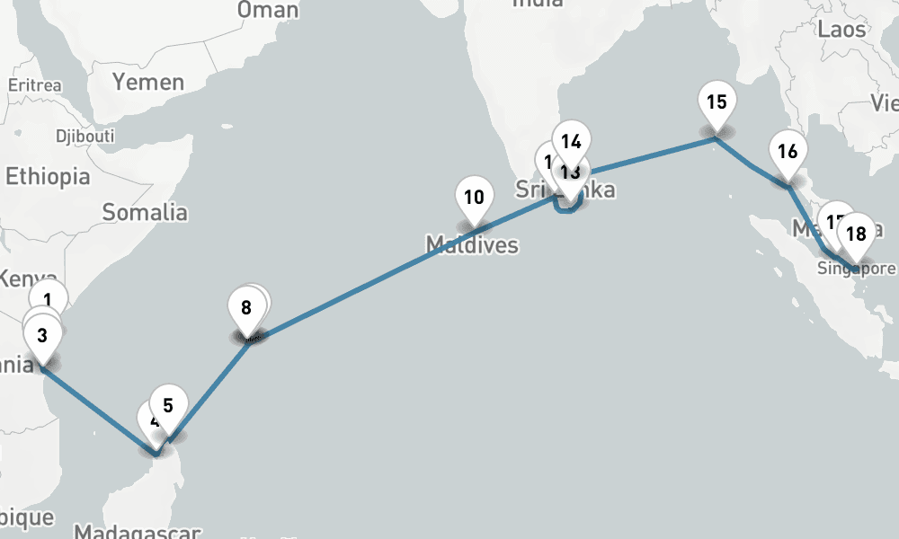 25 days, one-way from Mombasa to Singapore 26日間