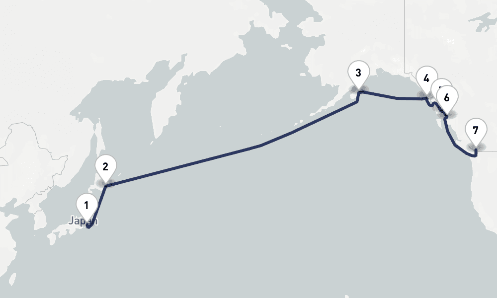 14 days, one-way from Yokohama to Vancouver 15日間