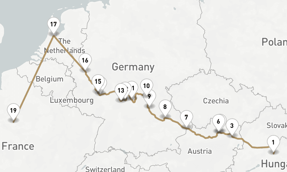 17 nights / 18 days, one-way from Budapest to Paris