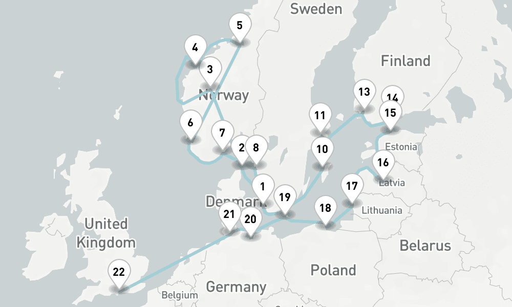 25 days, one-way from Copenhagen to Portsmouth UK 26日間