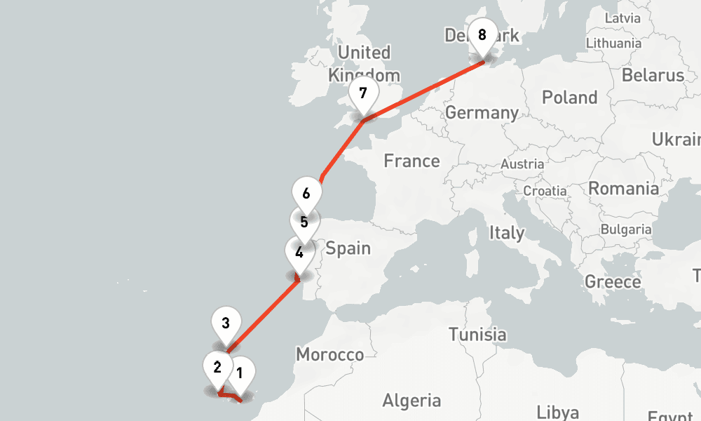 11 days, one-way from Las Palmas de Gran Canaria to Kiel 12日間