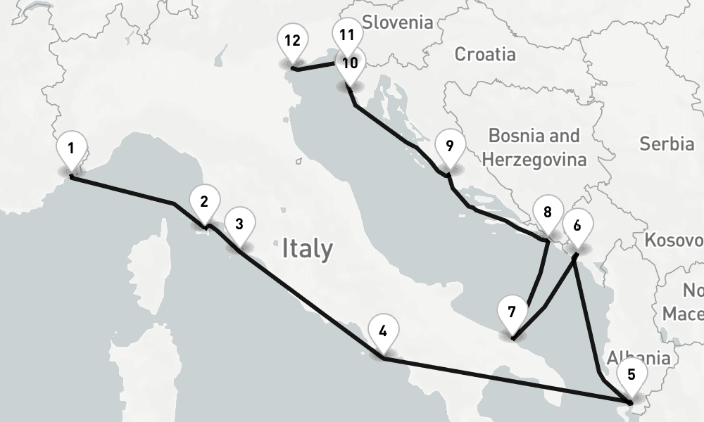 12 days, one-way from Villefranche-sur-Mer to Venice 13日間