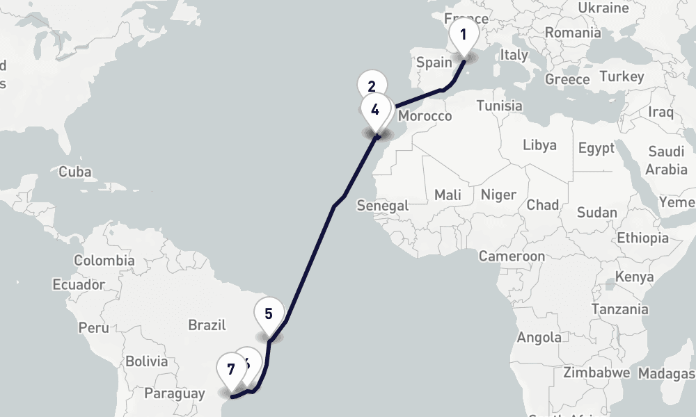 16 days, one-way from Barcelona to Santos 17日間