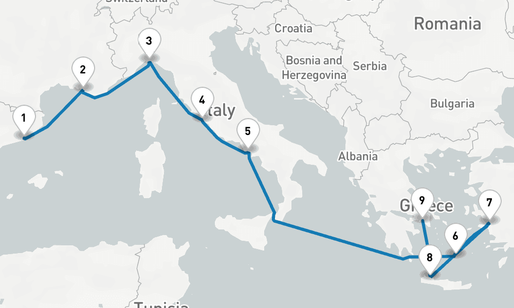 9 days, one-way from Barcelona to Piraeus-Athens 10日間