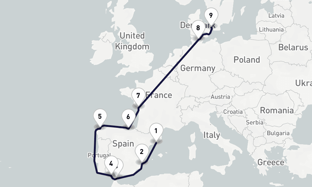11 days, one-way from Barcelona to Copenhagen 12日間