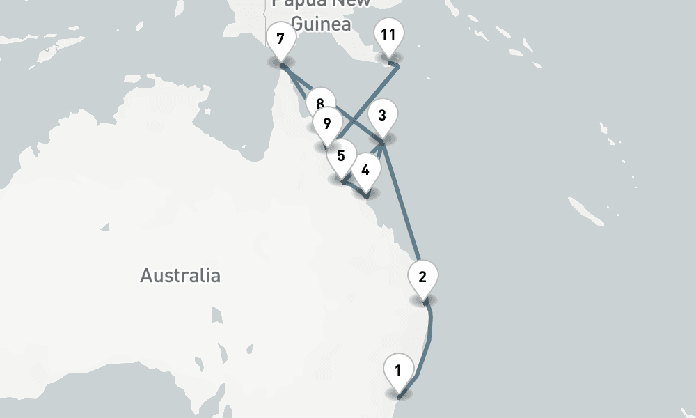21 days, one-way from Sydney to Cairns 22日間